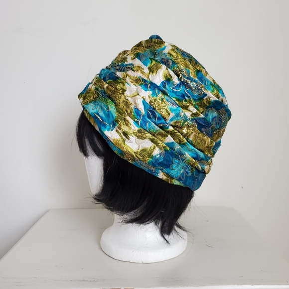 50s 60s Vintage Union Made Metallic Gold Garden Print Turban Hat - Picture 4 of 13